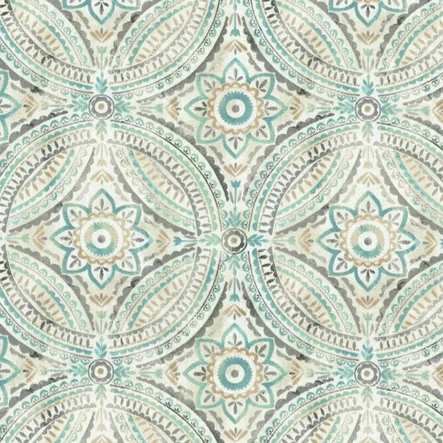 Blissfulness Spa Cotton Fabric - Aqua, Beige, Gray Medallion Print, 54" Width (1 Yard)