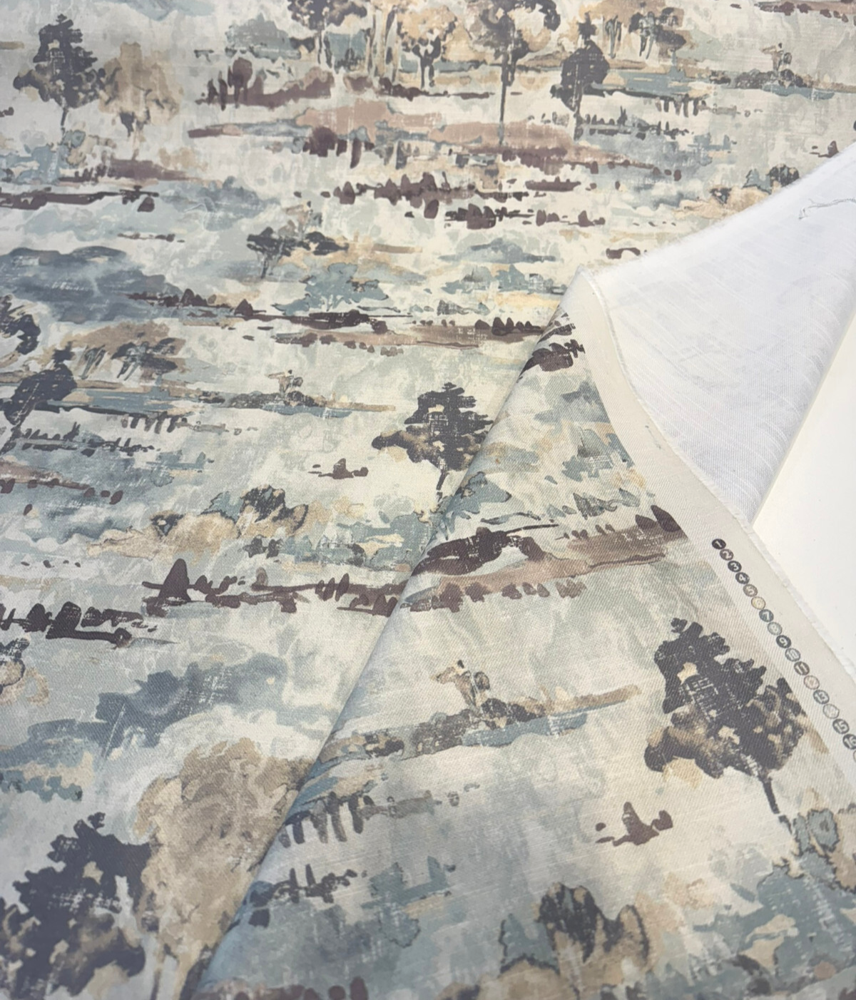 Waverly Imagery Quarry 100 Percent Cotton Fabric - Watercolor Scenic Toile, Misty Blue/Taupe/Stone Gray/Ivory/Warm Beige, 54" Width (1 Yard)
