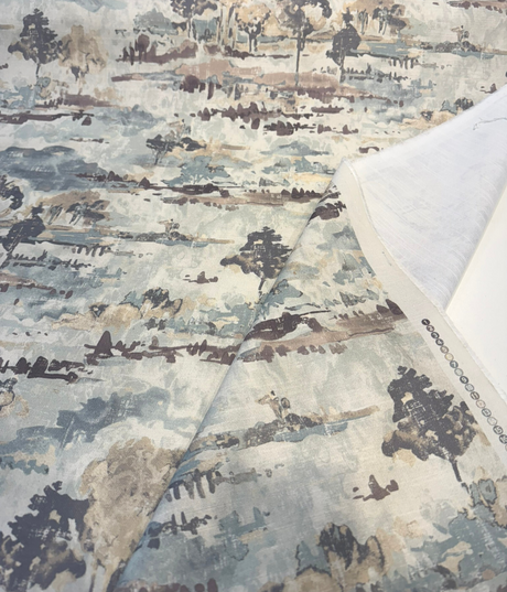 Waverly Imagery Quarry 100 Percent Cotton Fabric - Watercolor Scenic Toile, Misty Blue/Taupe/Stone Gray/Ivory/Warm Beige, 54" Width (1 Yard)