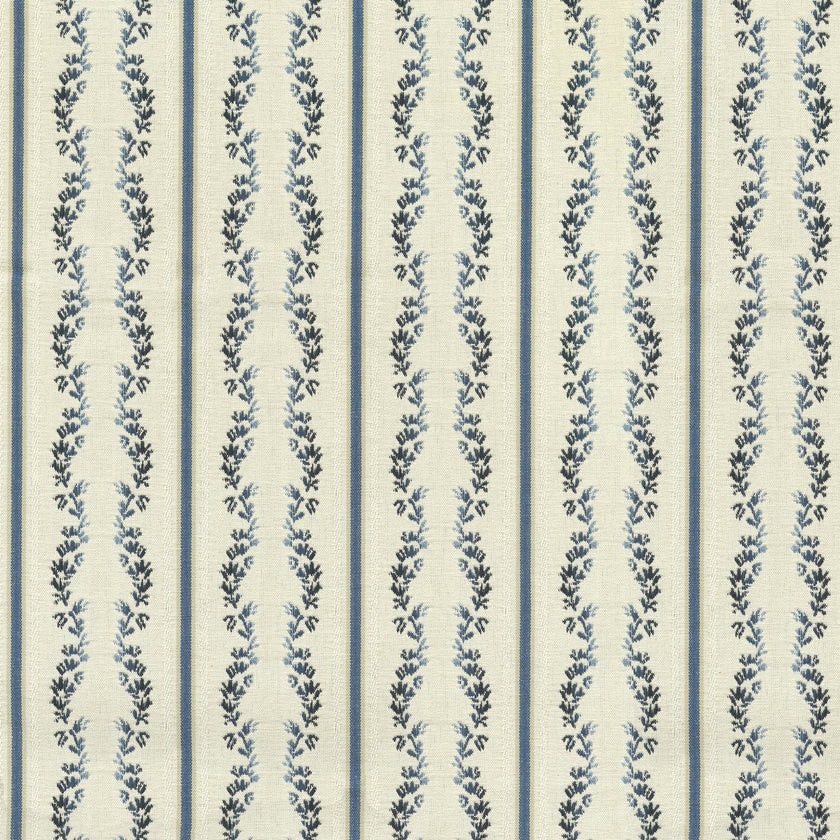 Waverly Regency Stripe Blue Caspian Vine 100% Cotton Fabric - Blue Vertical Stripe Vine Pattern, 57" Width (1 Yard)