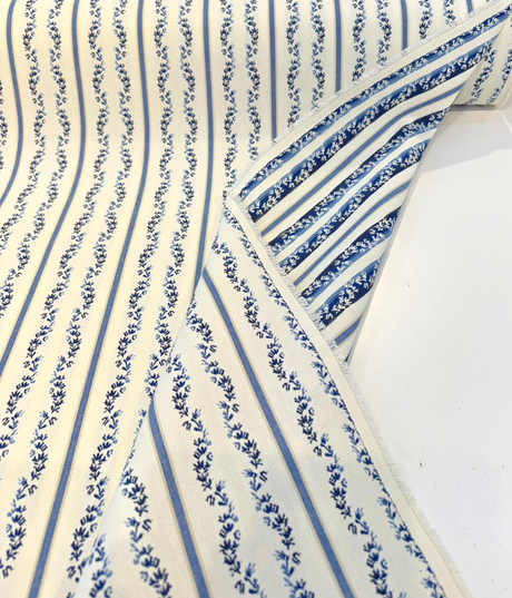 Waverly Regency Stripe Blue Caspian Vine 100% Cotton Fabric - Blue Vertical Stripe Vine Pattern, 57" Width (1 Yard)
