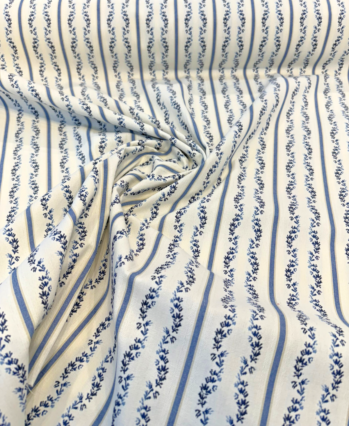 Waverly Regency Stripe Blue Caspian Vine 100% Cotton Fabric - Blue Vertical Stripe Vine Pattern, 57" Width (1 Yard)