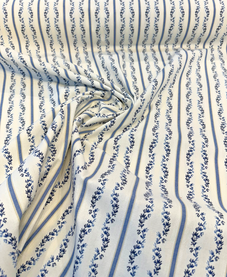Waverly Regency Stripe Blue Caspian Vine 100% Cotton Fabric - Blue Vertical Stripe Vine Pattern, 57" Width (1 Yard)