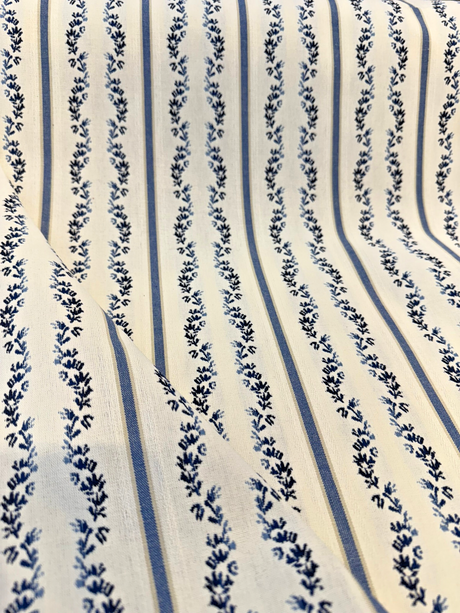 Waverly Regency Stripe Blue Caspian Vine 100% Cotton Fabric - Blue Vertical Stripe Vine Pattern, 57" Width (1 Yard)