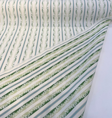 Waverly Regency Stripe Green Clover Vine Cotton Fabric - Green Vine Vertical Stripe, 57" Width (1 Yard)