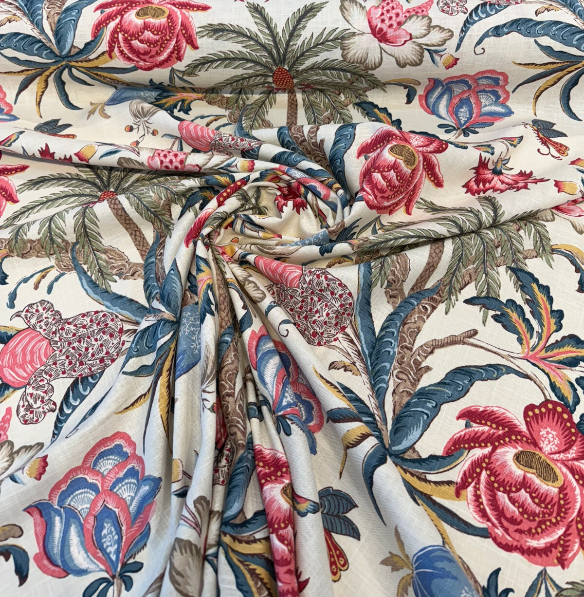 Exotic Curiosity Jewel Linen Fabric - Tropical Floral Botanical Print, 54" Width (1 Yard)