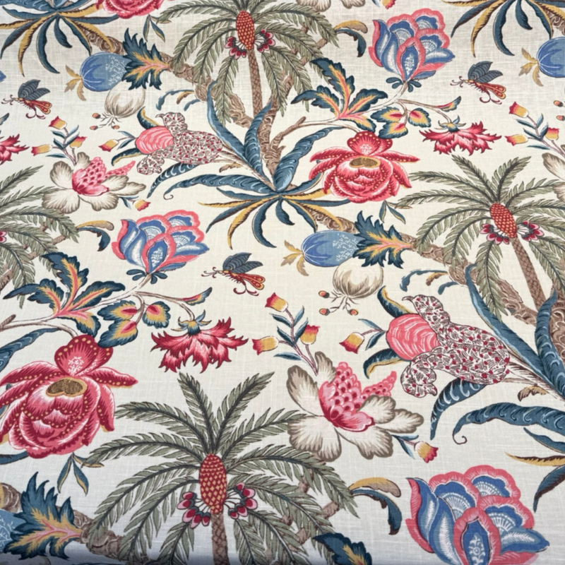 Exotic Curiosity Jewel Linen Fabric - Tropical Floral Botanical Print, 54" Width (1 Yard)