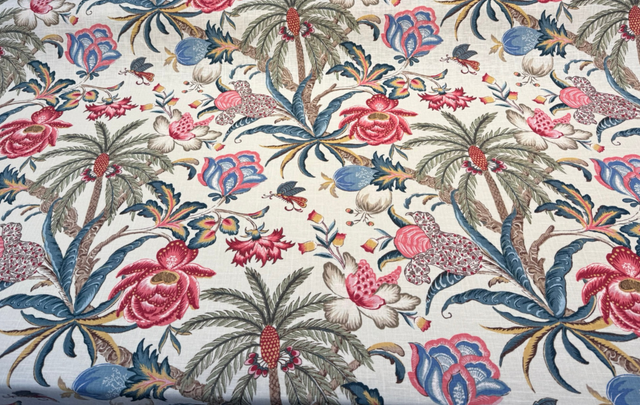 Exotic Curiosity Jewel Linen Fabric - Tropical Floral Botanical Print, 54" Width (1 Yard)