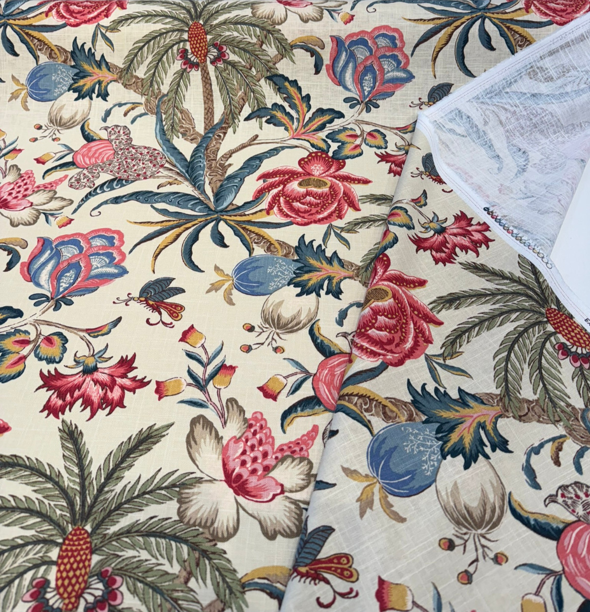 Exotic Curiosity Jewel Linen Fabric - Tropical Floral Botanical Print, 54" Width (1 Yard)