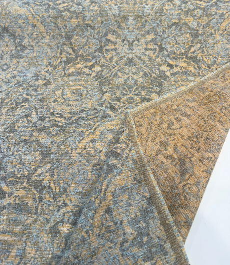 Garzoni Spa Vintage Chenille Upholstery Fabric - Spa Blue, Golden Beige Damask, 57" Width (1 Yard)