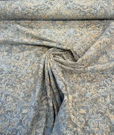 Garzoni Spa Vintage Chenille Upholstery Fabric - Spa Blue, Golden Beige Damask, 57" Width (1 Yard)