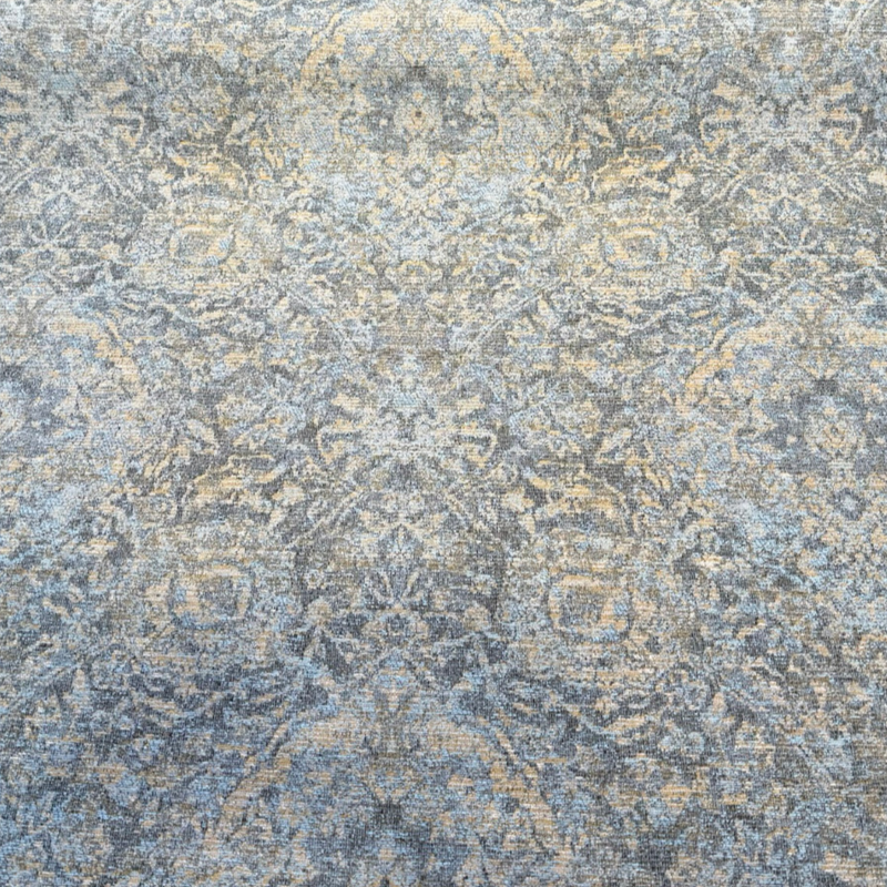 Garzoni Spa Vintage Chenille Upholstery Fabric - Spa Blue, Golden Beige Damask, 57" Width (1 Yard)