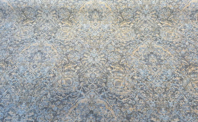 Garzoni Spa Vintage Chenille Upholstery Fabric - Spa Blue, Golden Beige Damask, 57" Width (1 Yard)