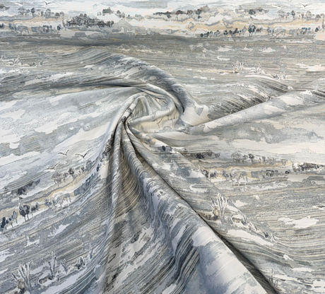 Scenic Outlook Haze Polyester Chenille Jacquard Fabric - Haze Gray, Ivory, Charcoal Scenic Landscape, 58.5" Width (1 Yard)