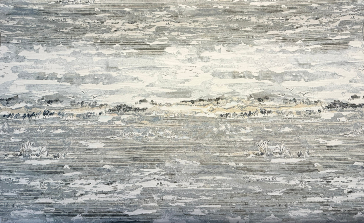 Scenic Outlook Haze Polyester Chenille Jacquard Fabric - Haze Gray, Ivory, Charcoal Scenic Landscape, 58.5" Width (1 Yard)