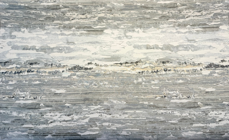 Scenic Outlook Haze Polyester Chenille Jacquard Fabric - Haze Gray, Ivory, Charcoal Scenic Landscape, 58.5" Width (1 Yard)