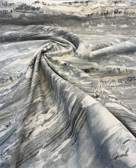 Scenic Outlook Haze Polyester Chenille Jacquard Fabric - Haze Gray, Ivory, Charcoal Scenic Landscape, 58.5" Width (1 Yard)