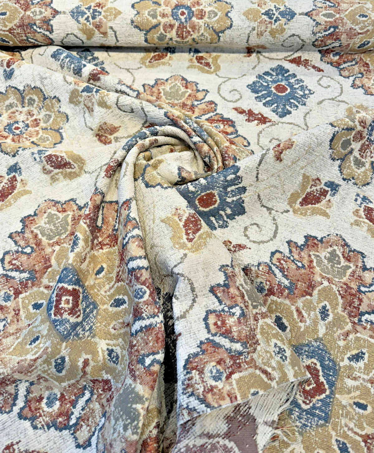 Swavelle Uwharrie Liberty Medallion Chenille Fabric - Rust, Gold, Slate Blue, Ivory Medallion, 58" Width (1 Yard)