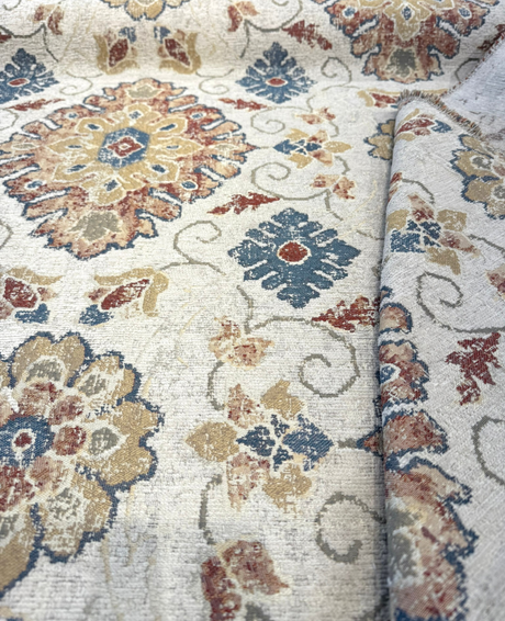 Swavelle Uwharrie Liberty Medallion Chenille Fabric - Rust, Gold, Slate Blue, Ivory Medallion, 58" Width (1 Yard)