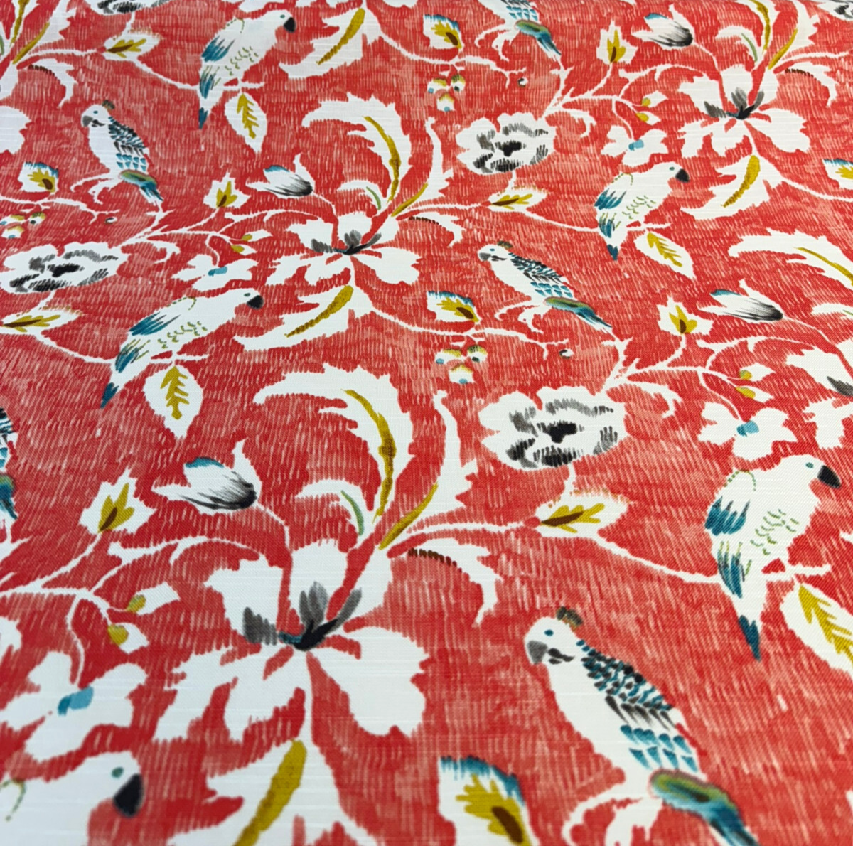 Forest View Mandarin Birds Cotton Fabric - Mandarin Orange Bird Floral Print, 54" Width (1 Yard)