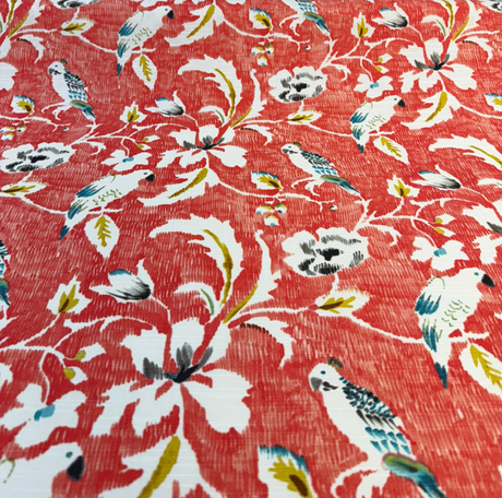 Forest View Mandarin Birds Cotton Fabric - Mandarin Orange Bird Floral Print, 54" Width (1 Yard)