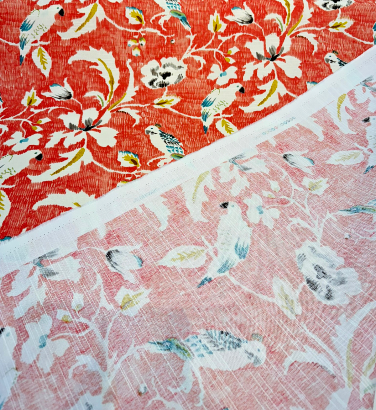 Forest View Mandarin Birds Cotton Fabric - Mandarin Orange Bird Floral Print, 54" Width (1 Yard)