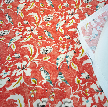 Forest View Mandarin Birds Cotton Fabric - Mandarin Orange Bird Floral Print, 54" Width (1 Yard)