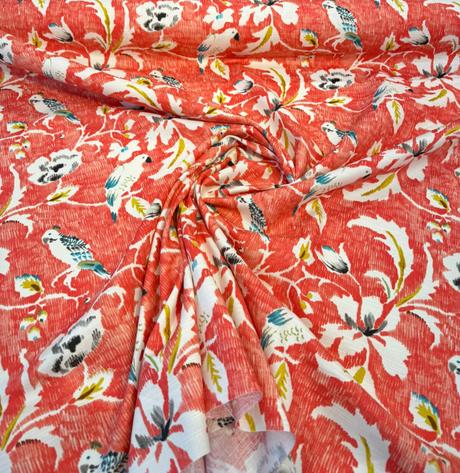 Forest View Mandarin Birds Cotton Fabric - Mandarin Orange Bird Floral Print, 54" Width (1 Yard)