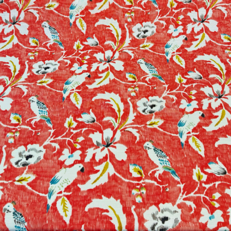 Forest View Mandarin Birds Cotton Fabric - Mandarin Orange Bird Floral Print, 54" Width (1 Yard)