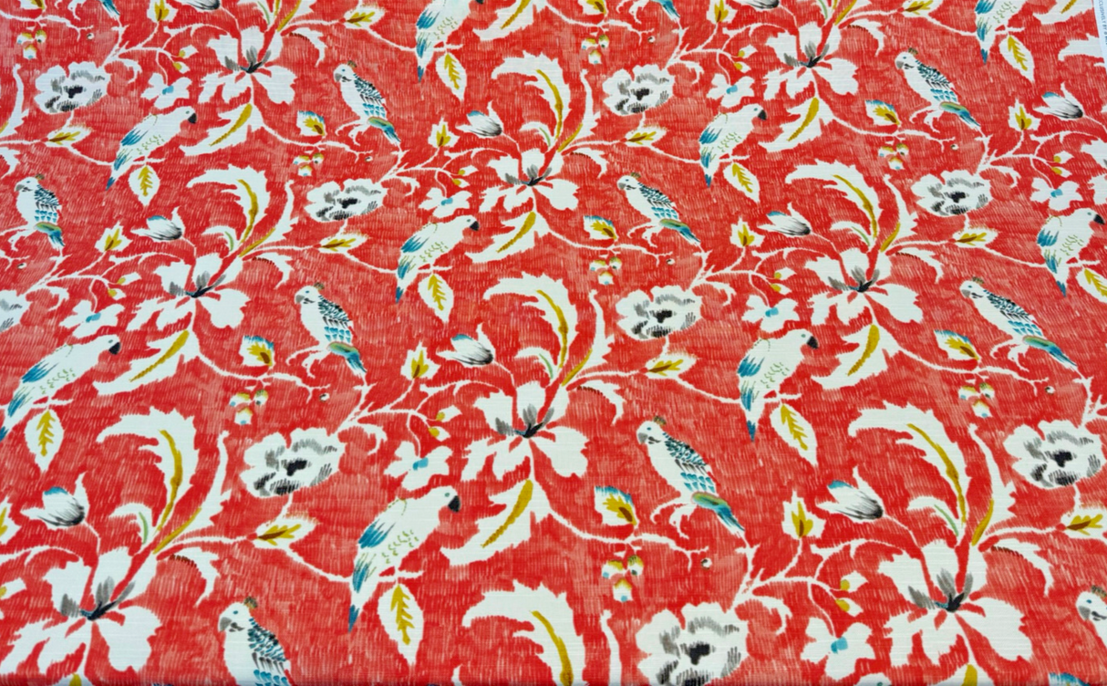 Forest View Mandarin Birds Cotton Fabric - Mandarin Orange Bird Floral Print, 54" Width (1 Yard)