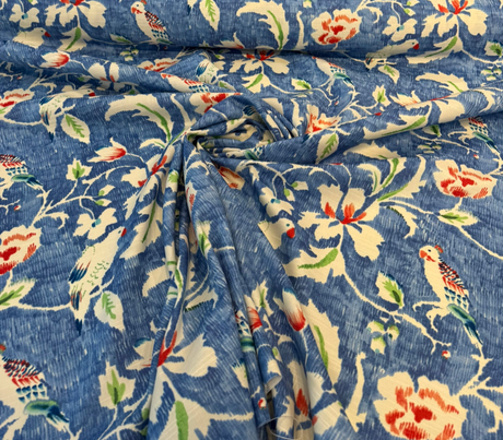 Forest View Cotton Fabric - Sky Blue Birds, Floral Vine Print, 54" Width (By The Yard)