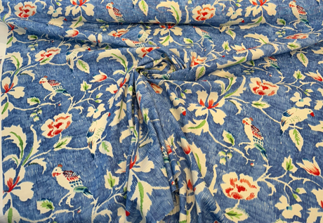 Forest View Cotton Fabric - Sky Blue Birds, Floral Vine Print, 54" Width (By The Yard)