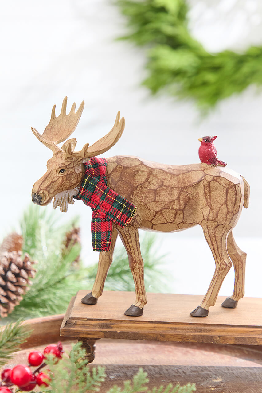 6.5" - 9" Moose with Cardinal & Plaid Scarf