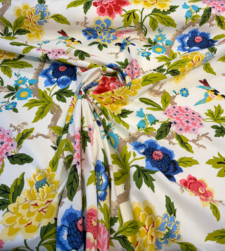 Celeste Spring Birds Floral Cotton Fabric - Ivory Background, Pink Coral Yellow Blue Green Bird And Peony Print, 54" Width (1 Yard)