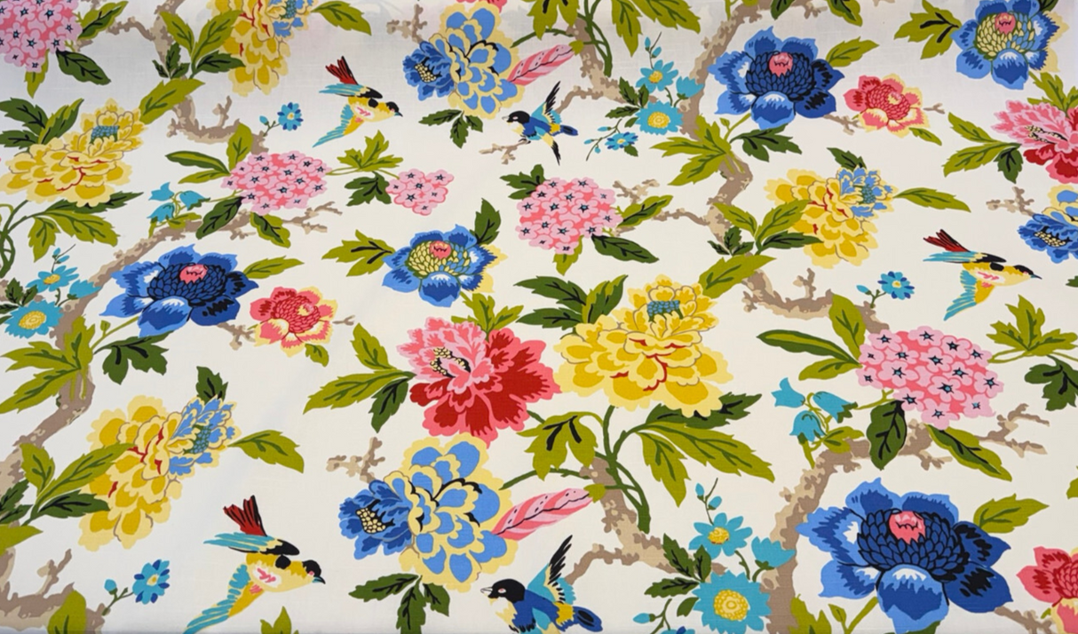 Celeste Spring Birds Floral Cotton Fabric - Ivory Background, Pink Coral Yellow Blue Green Bird And Peony Print, 54" Width (1 Yard)