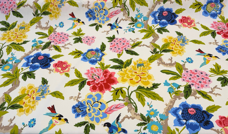 Celeste Spring Birds Floral Cotton Fabric - Ivory Background, Pink Coral Yellow Blue Green Bird And Peony Print, 54" Width (1 Yard)