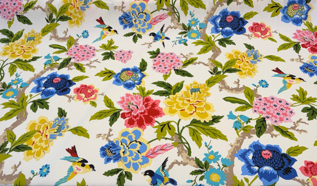 Celeste Spring Birds Floral Cotton Fabric - Ivory Background, Pink Coral Yellow Blue Green Bird And Peony Print, 54" Width (1 Yard)