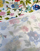 Celeste Spring Birds Floral Cotton Fabric - Ivory Background, Pink Coral Yellow Blue Green Bird And Peony Print, 54" Width (1 Yard)