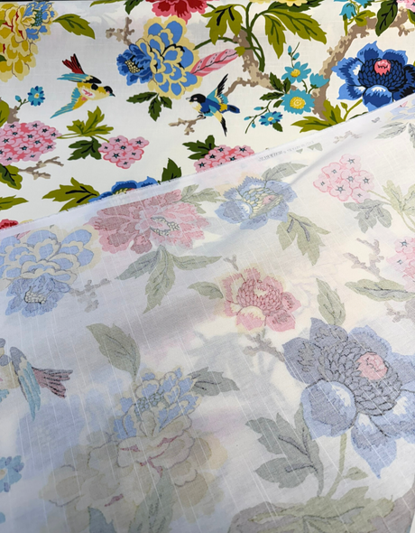 Celeste Spring Birds Floral Cotton Fabric - Ivory Background, Pink Coral Yellow Blue Green Bird And Peony Print, 54" Width (1 Yard)