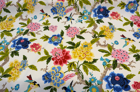Celeste Spring Birds Floral Cotton Fabric - Ivory Background, Pink Coral Yellow Blue Green Bird And Peony Print, 54" Width (1 Yard)