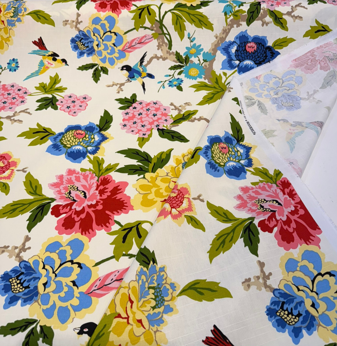 Celeste Spring Birds Floral Cotton Fabric - Ivory Background, Pink Coral Yellow Blue Green Bird And Peony Print, 54" Width (1 Yard)