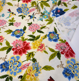 Celeste Spring Birds Floral Cotton Fabric - Ivory Background, Pink Coral Yellow Blue Green Bird And Peony Print, 54" Width (1 Yard)