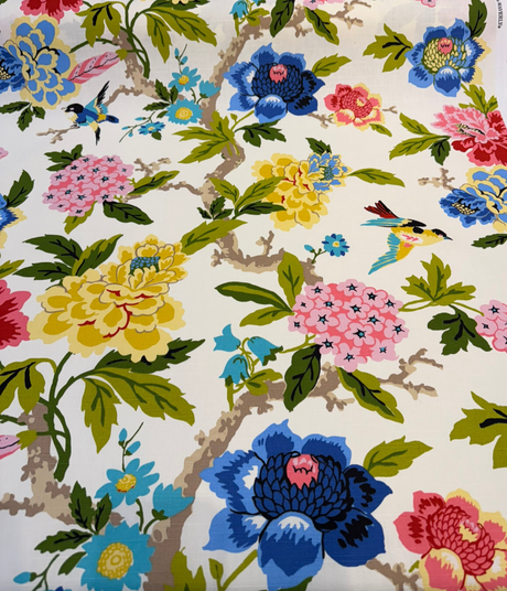 Celeste Spring Birds Floral Cotton Fabric - Ivory Background, Pink Coral Yellow Blue Green Bird And Peony Print, 54" Width (1 Yard)