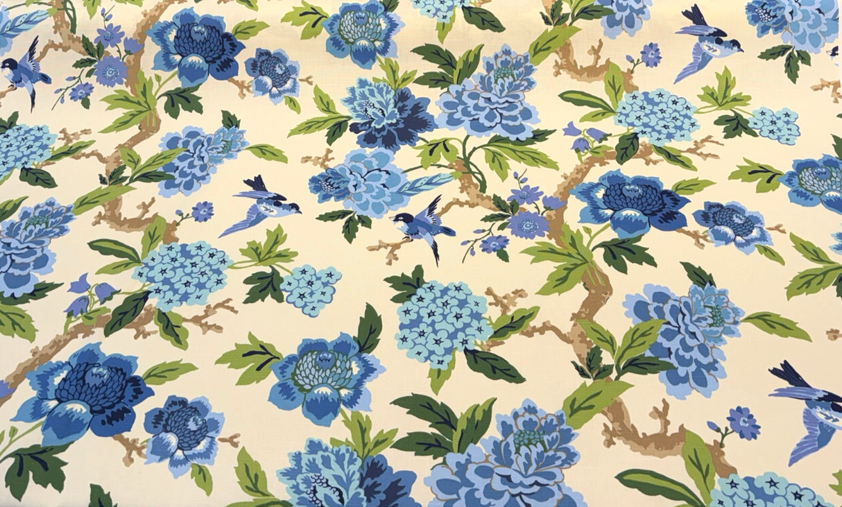 Celeste Blue Luna Birds Floral 100 Percent Cotton Fabric - Bluebirds, Peonies, Hydrangeas, 54" Width (1 Yard)