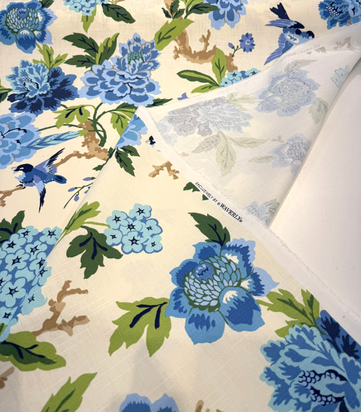 Celeste Blue Luna Birds Floral 100 Percent Cotton Fabric - Bluebirds, Peonies, Hydrangeas, 54" Width (1 Yard)