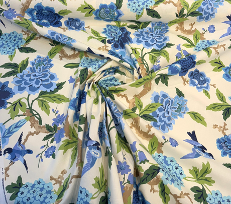 Celeste Blue Luna Birds Floral 100 Percent Cotton Fabric - Bluebirds, Peonies, Hydrangeas, 54" Width (1 Yard)