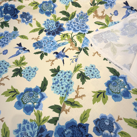 Celeste Blue Luna Birds Floral 100 Percent Cotton Fabric - Bluebirds, Peonies, Hydrangeas, 54" Width (1 Yard)