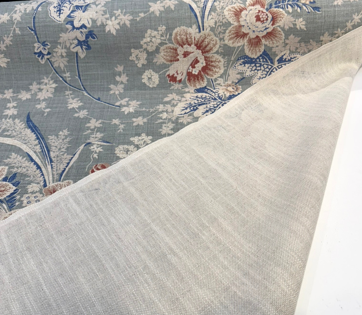 Stonington Seaspray Cotton Linen Blend Fabric - Vintage Floral, Sea Green, Rose, Federal Blue, White, 54" Width (1 Yard)