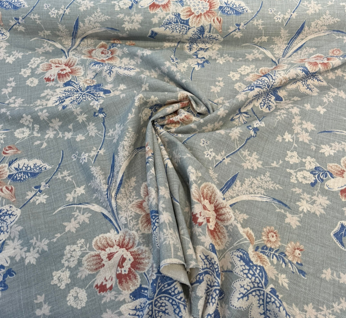 Stonington Seaspray Cotton Linen Blend Fabric - Vintage Floral, Sea Green, Rose, Federal Blue, White, 54" Width (1 Yard)