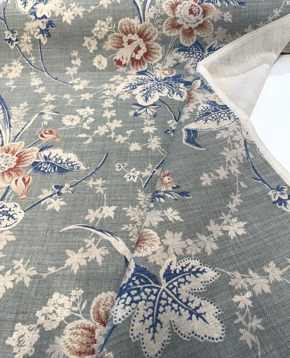 Stonington Seaspray Cotton Linen Blend Fabric - Vintage Floral, Sea Green, Rose, Federal Blue, White, 54" Width (1 Yard)
